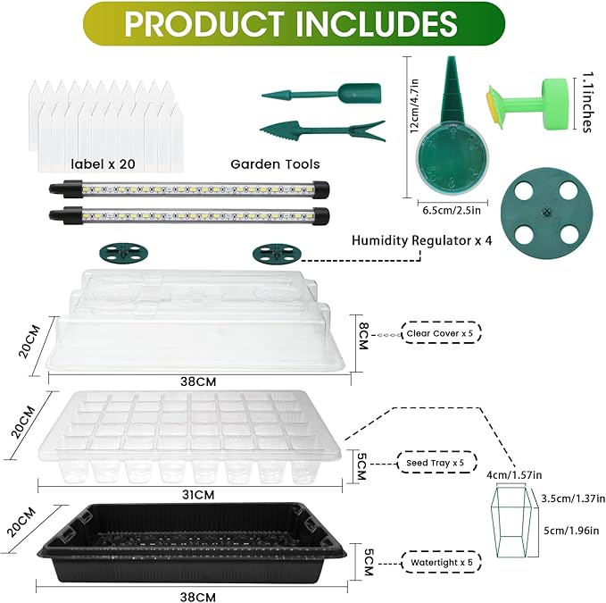 MQUPIN 80-Cell Seed Starter Tray with Grow Light 2-Pack Adjustable Brightness Seed Starter Kit with Humidity DomeSmart TimerWatering SprayerSeederPlant Germination Kit for Seeds Growing