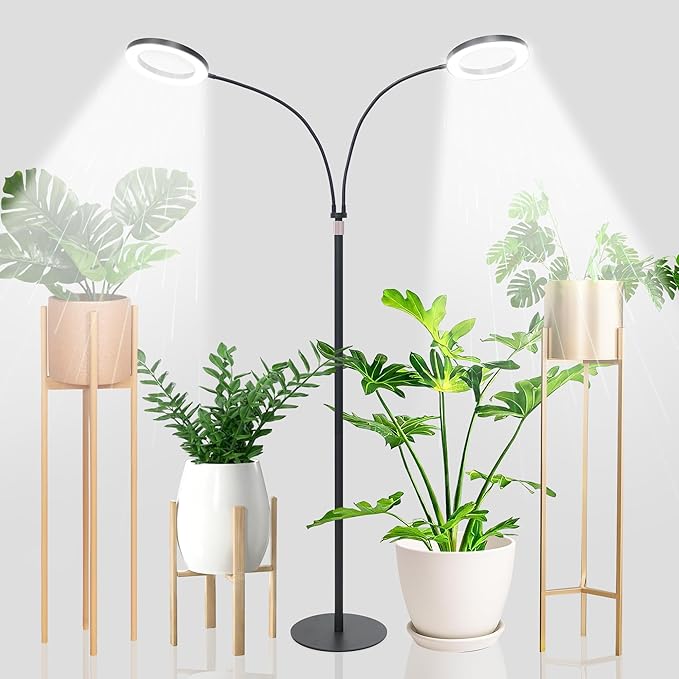 Grow Lights for Indoor PlantsDouble Head Full Spectrum LED Plant Light with Stand6 Dimmable Levels &amp 3 Lighting Modes Auto On Off Timer 3/9/12H 38-67 inches Adjustable Height Black