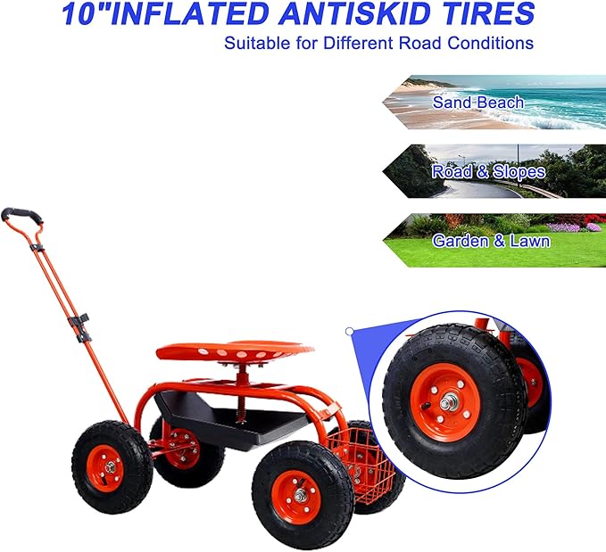 Garden Seat with Wheels Rolling Gardening Stool with 360° Swivel Seat for Seniors Rolling Trolley Stools with Steering Handle &amp Utility Tray for Backyard Lawn Outdoors