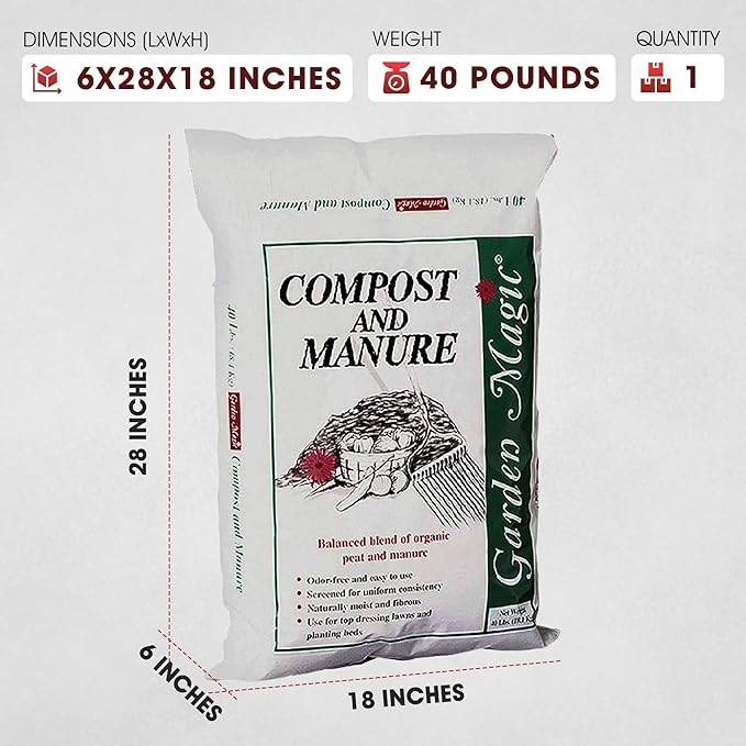 Michigan Peat Compost and Manure Blend Garden Magic Mix with Odor-Free Blend 40 Lbs - Outdoor Lawn and Gardening Mixture with Nutrients and Minerals for Soil Potting and Planting