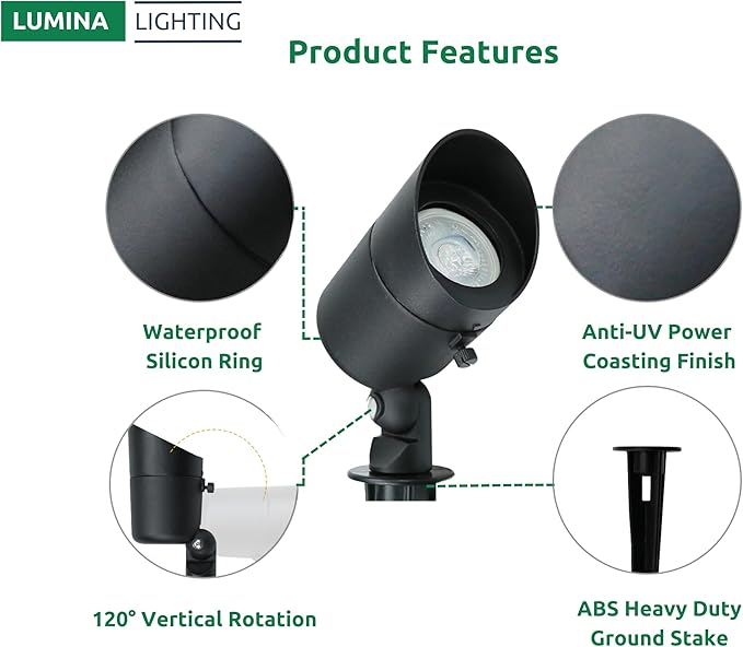 Lumina Lighting® 4W Landscape Lighting 12V Landscape Lights Low Voltage Landscape Spotlights Warm White Waterproof Outdoor Replaceable LED Bulb for Garden Lawn Porch Patio and Yard(Black 2-Pack)