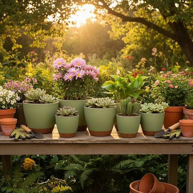 LIFFY Plant Pots 87.576.565.55 Inch Plastic Self Watering Planters with Drainage Holes &amp Saucers 7-Pack Green Nursery Planting Pot with Deep Reservoir for Indoor Outdoor Plants
