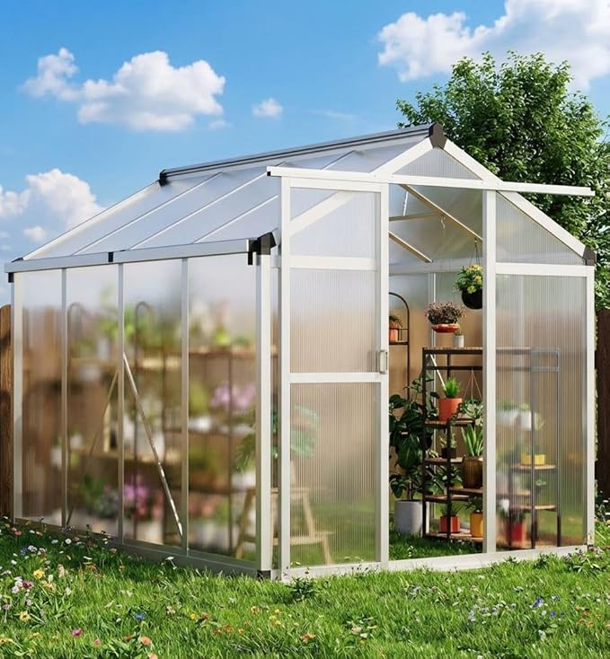 GAOMON 6 x 8 ft Greenhouse for Outdoor with Sliding Door Green House with Polycarbonate Panel &amp Ajustable Roof Vent &amp Ground Nails Walk-in Aluminum Greenhouses for Garden Patio