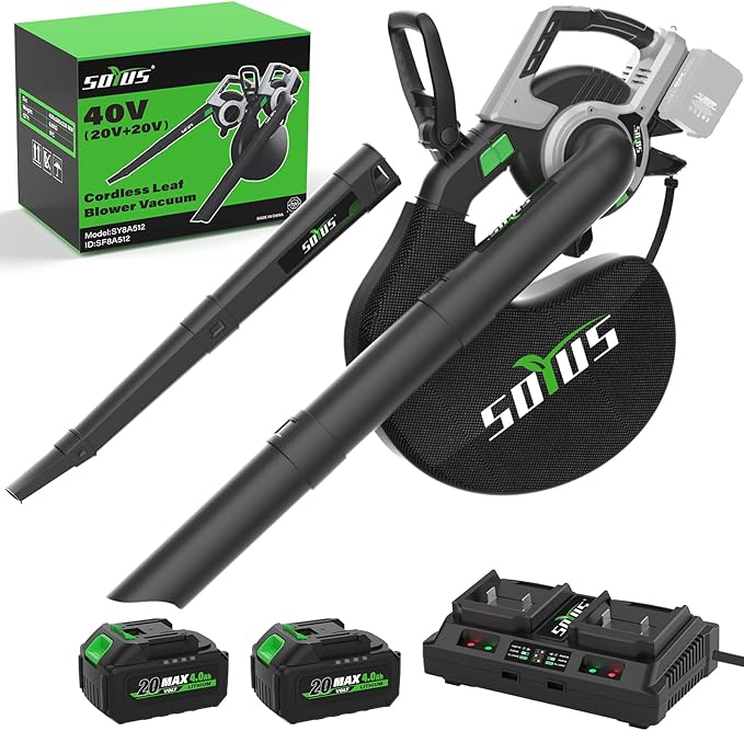 Cordless Leaf Blower &amp Vacuum SOYUS 3-in-1 Leaf Vacuum Mulcher 385CFM with Brushless Motor &amp 5 Speed Control Electric Leaf Blower for Lawn Care Included 45L Bag 2 x 20V 4.0Ah Battery and Ch