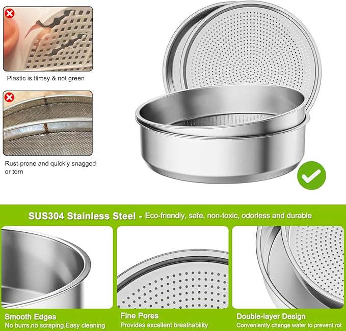 FANHAO 2 Pack Stainless Steel Seed Sprouter Trays Food-Grade Microgreens Growing Tray Soil-Free Cultivation Germination Tray for Indoor or Outdoor Sprouting Seeds Grow Grass Beans (Without Lids)