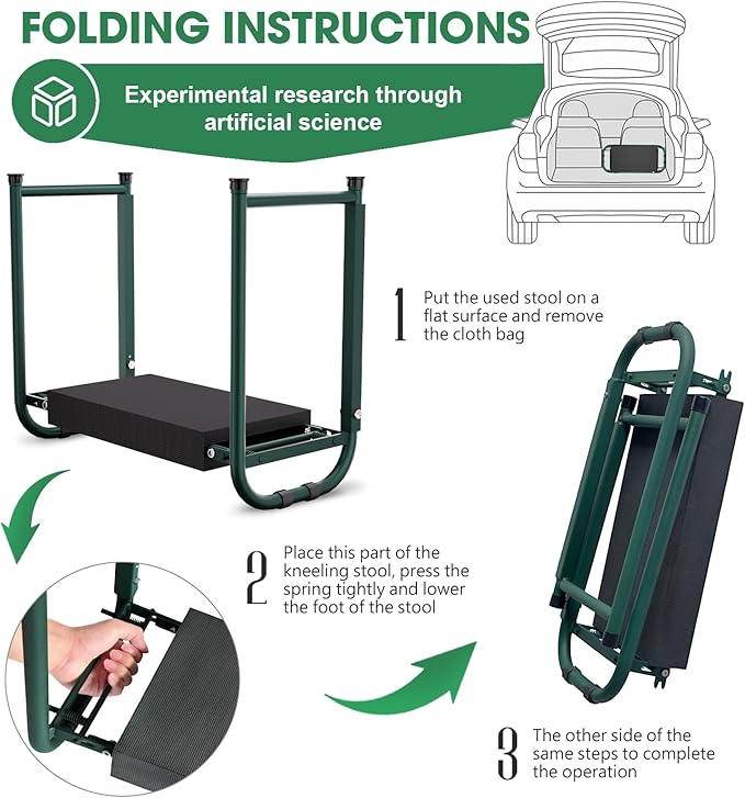 Heavy Duty Garden Kneeler &amp Seat with Support Legs 400lbs Capacity Foldable Gardening Stool Extra Thick Pad &amp Large Tool Organizer Bag Ergonomic for Seniors - Dark Green