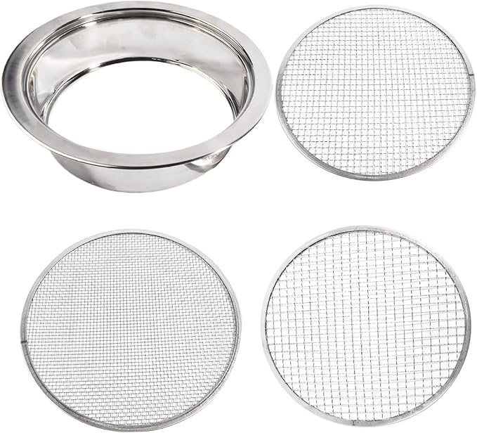 Garden Sieve Soil Sifter Removable Garden Sieve with Interchangeable 3/6/9mm Mesh Stainless Steel Soil Sieve 9.4 Dia. Sand Sifter for Sifting Soil Stones Compost.