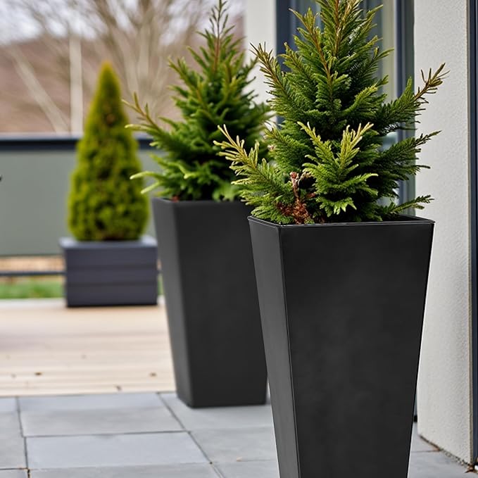 Worth Garden Large Metal Glazed Planter Set of 2 (25 + 28) Luxurious Glossy Finish Black Tall Square Tapered Steel Plant Pot Decor Flower Pot Indoor &amp Outdoor Drainage Hole &amp Dual-Purpose