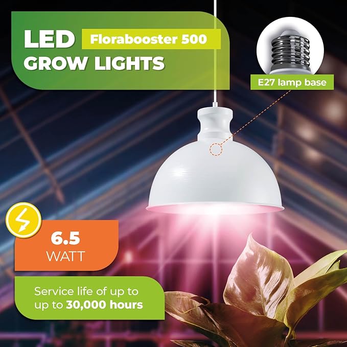 Bio Green 500-USW Florabooster LUM 500 Grow Indoor 60w Lightbulb Lamp with 3m Connection Cable – Energy Saving House Plants – High Light Intensity White