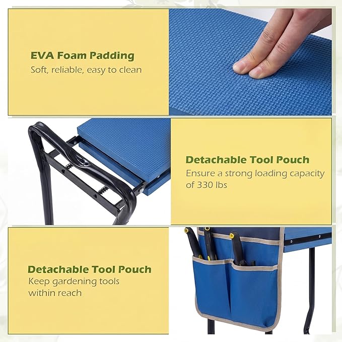 Goplus Garden Kneeler and Seat Heavy-Duty Garden Bench w/Large Tool Pouch Widen EVA Foam Kneeling Pad Portable Gardening Helper for Women Men Seniors Foldable Garden Stool for Kneeling &amp Sitti