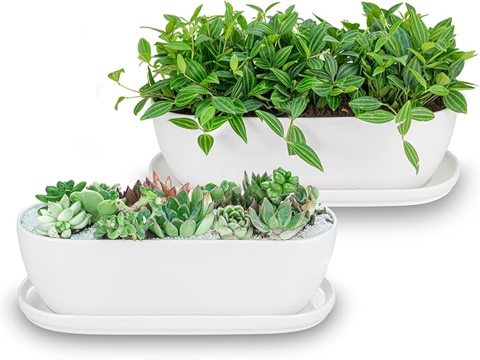 E-liu Ceramic Plant Pots 11+14 inch Set of 2 Planters with Drainage Holes Saucers and Mesh Pads Indoor Flower Succulent Pot with Hole Mesh Pad Gifts for Mom Plants Not Included