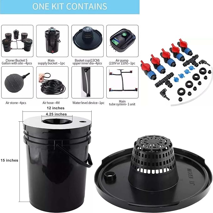 GROZY DWC Hydroponics Grow System Black Bucket Kit with Air Pump 5 Buckets 5 Gallon Each 15x12x12 Inches Indoor Growing