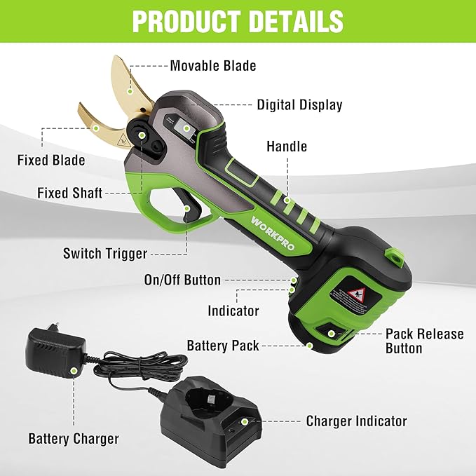 WORKPRO 12V Electric Pruning Shears Battery Powered Pruning Shears Cordless Tree Pruner 1.2 Inch Cutting Diameter Branch Cutter Gardening Scissors with 2 Pack Rechargeable Battery and Fast Charger
