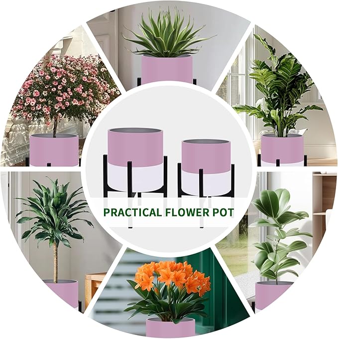Planter with Stand Set of 2 Modern Plant Pots with Metal Legs IndoorFlower Pots with Drainage Holes Matching Decorative Garden Pot for Living Room Office Garden or Balcony 10 &amp 12 Inches