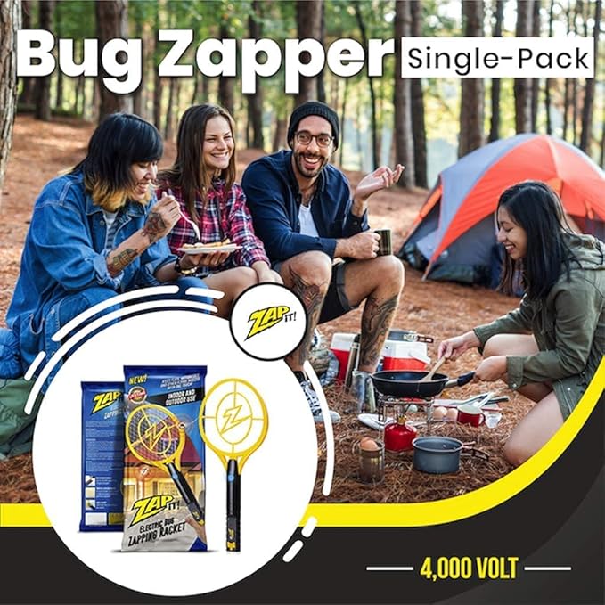 ZAP IT! Rechargeable Electric Fly Swatter Racket - 4000-Volt Mosquito Zapper with USB Charging and LED Light - Large - Safe 3-Layer Mesh Bug Zapper Racquet for Indoors and Outdoors - Yellow
