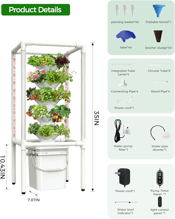 SJZX Hydroponics Growing System Hydroponic Tower with Full-Spectrum Grow Lights 5 Tiers Indoor Outdoor Garden Planter Vertical Home Gardening Germination Kits for Vegetables Fruits Herb (25 Pods)