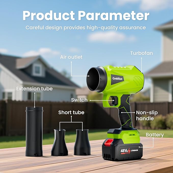 Leaf Blower Cordless 48 V Dual Batteries 30000 RPM Turbo Jet Blower with Extended Nozzles Premium Lightweight Handheld Set for Lawn Care Leaf/Car/Snow/Dust Cleaning in Patio &amp Yard Green