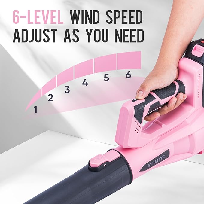 STEELITE 21V Cordless Leaf Blower 150 MPH 600 CFM High-Performance Airflow Lightweight Electric Blower for Lawn Care Patio Cleaning Leaves &amp Dust Includes 2 x 2.0Ah Batteries - Pink