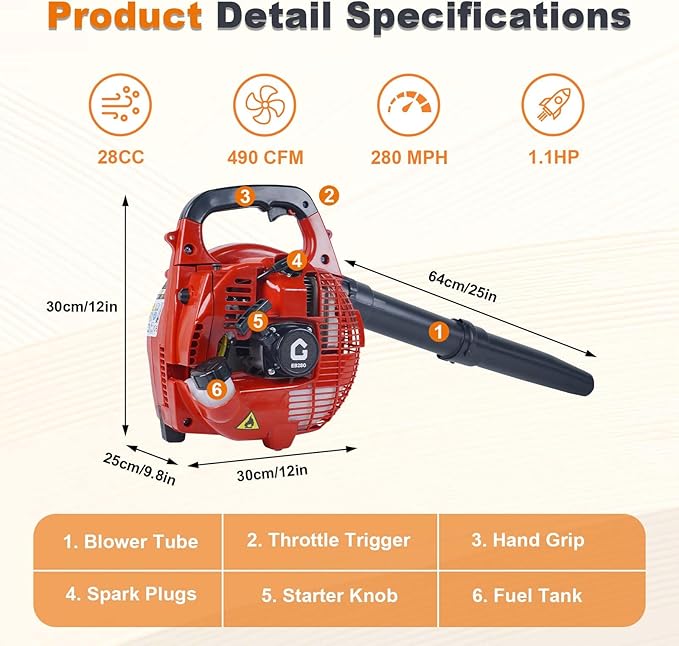 28-Cc Gas Leaf Blower 1.1-HP 2-Cycle Handheld Leaf Blower 490 CFM 280 MPH Powerful Clearing Performance for Lawn Care Driveway Cleaning Light Snow Removal Gifts for Dad