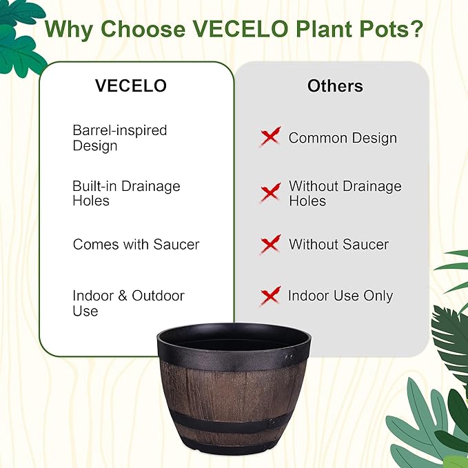 VECELO Plant Pots with Drainage Holes &amp Saucer 11.3 Inch Flower Pots with Tray 4 Pack Plastic Whiskey Barrel Planters for Indoor &amp Outdoor Garden Home Plants and Flowers