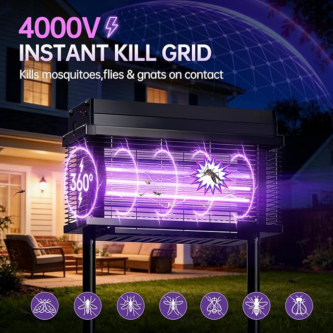 Solar Bug Zapper Outdoor 4000 SQ.FT Mosquito Zapper with Smart Rain Off Rechargeable Mosquito Killer Lamp Wireless Solar Powered Fly Trap for Yard Patio RV Camping (Black)