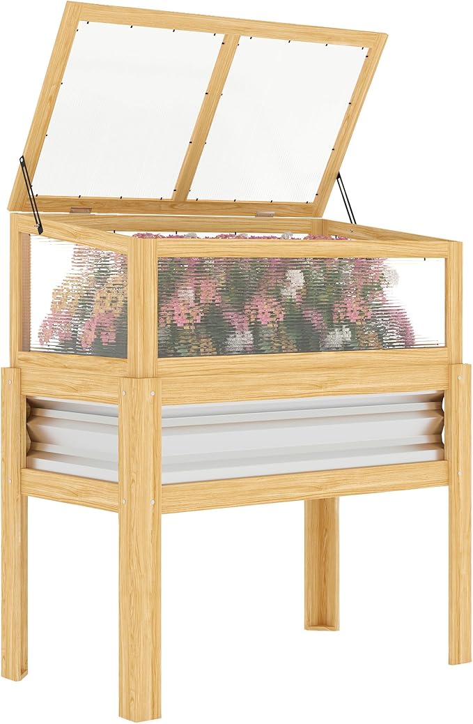 Outsunny Wooden Raised Garden Bed with Detachable Greenhouse Top Raised Garden Bed with Legs and Bed Liner Elevated Planter Box for Flowers Vegetables Herbs Natural