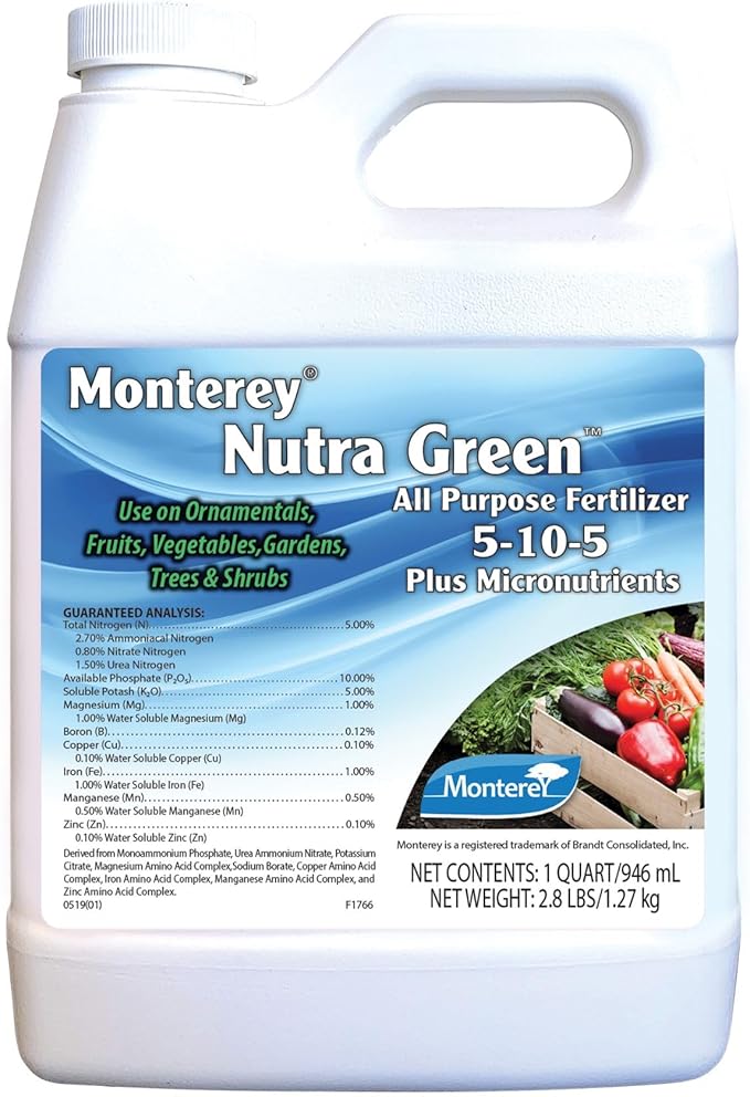 Monterey Nutra Green 5-10-5 + Micronutrients Fertilizer for Ornaments Fruits Vegetables Gardens Trees &amp Shrubs 1 Quart Apply with Sprayer