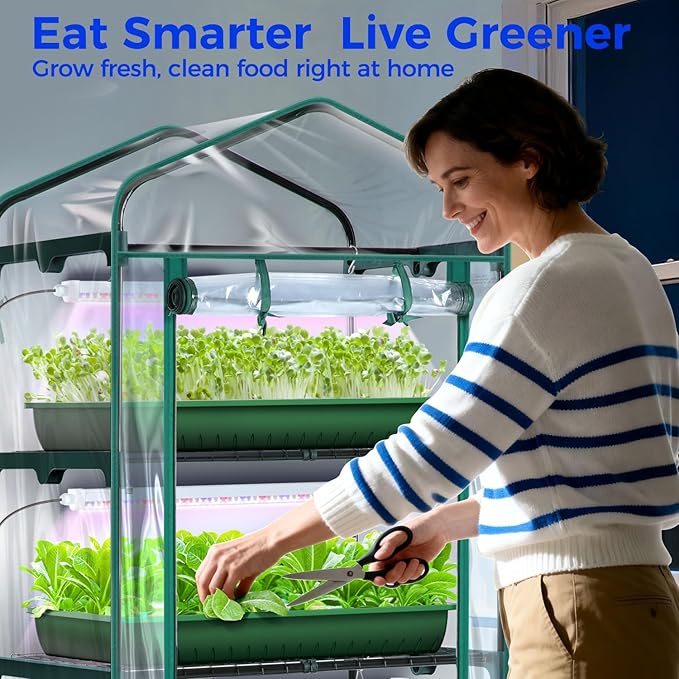 Indoor Greenhouse with Grow Light Ohuhu 4-Tier Mini Green House for Winter - Full Spectrum Greenhouses for Seed Starting Small Portable Green Houses Waterproof PVC Cover &amp Adjustable Shelves