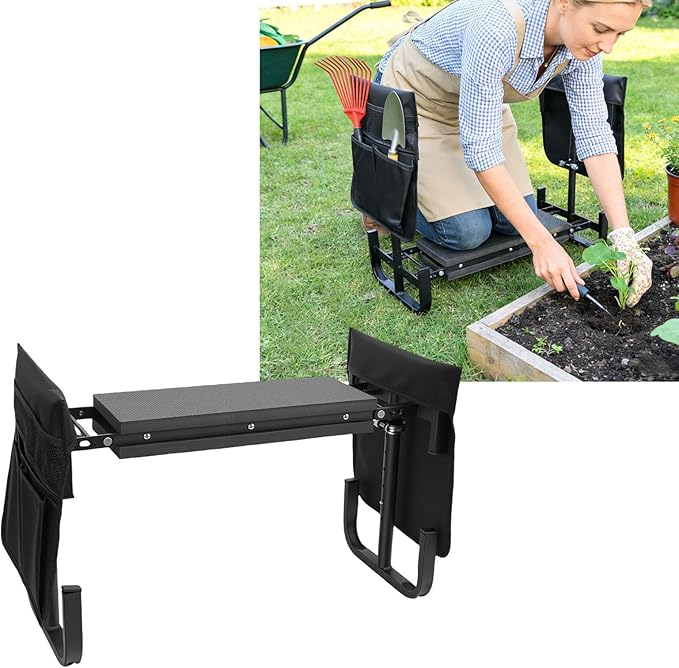 Diydeg Garden Kneeler and Seat 400lbs Heavy Duty Foldable Gardening Stool with Thicken &amp Widen Soft Kneeling Pad Gardening Bench with 2 Tool Pouches for Women Men Seniors Mom (Black)