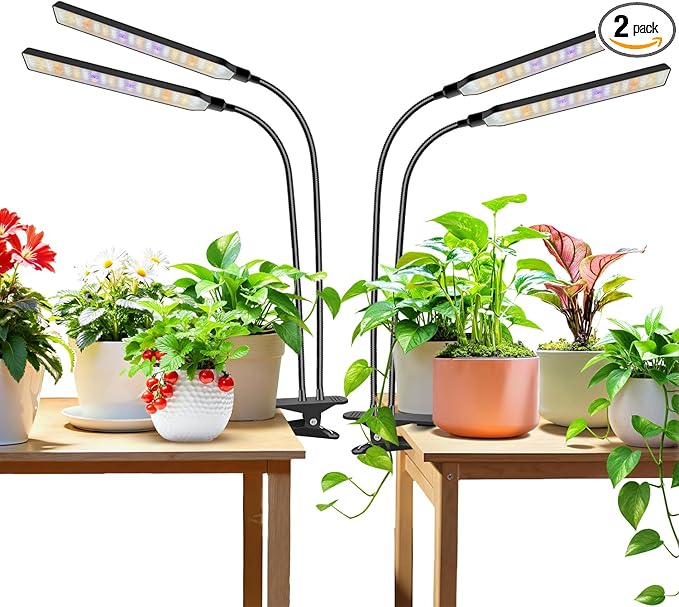 Grow Light Clip on 2 Pack 228 LED Full Spectrum Plant Lights for Indoor Growing 2 Head Black Arm Grow Lamp with Gooseneck 6/12/16H Timer 5 Dimming 3 Light Mode