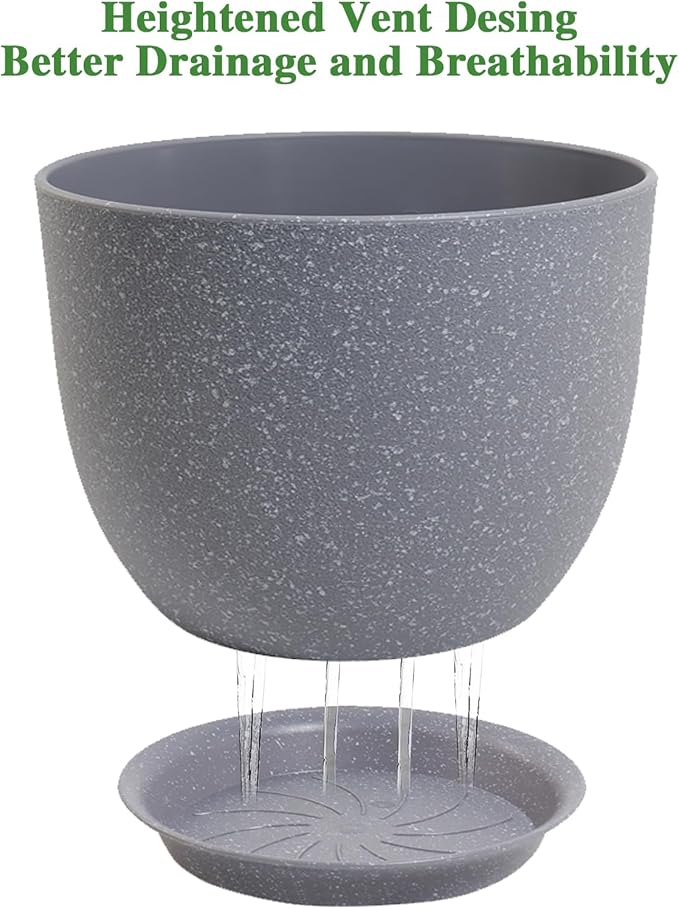 12/10/9 Large Modern Plant Pots Plastic Planters with Drainage Holes and Saucers for Indoor Outdoor Plants Flowers Grey Speckles