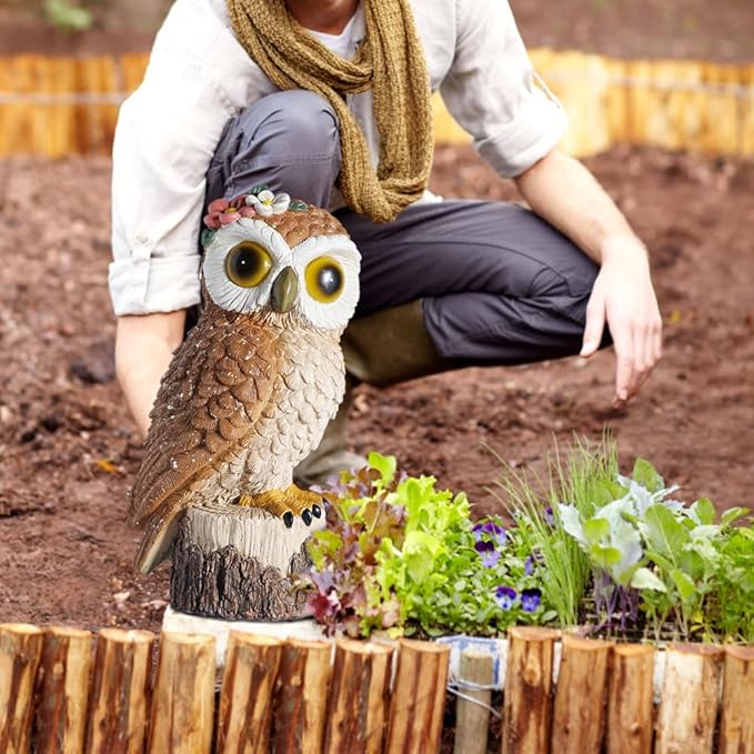 1 KINGO Fake Owl Decoy Bird Deterrents for Outside Solar Powered LED Eyes &amp Ultrasonic Deterrent Scarecrow Owl Decoys to Scare Birds Away Bird Repellent Devices Outdoor Resin Garden Statues