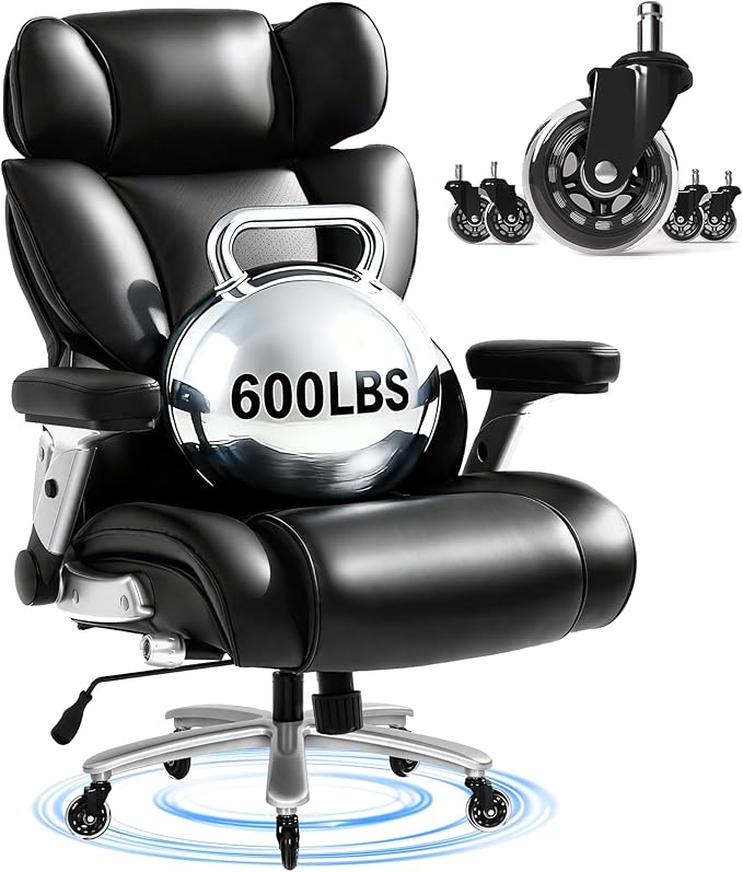 FLEXISPOT 600lbs Big and Tall Office Chair for Heavy People Heavy Duty Computer Desk Chair with Dynamic Lumbar Support 2D Armrest Blade Wheels Chairs for Home Office Gaming Working Leather Black