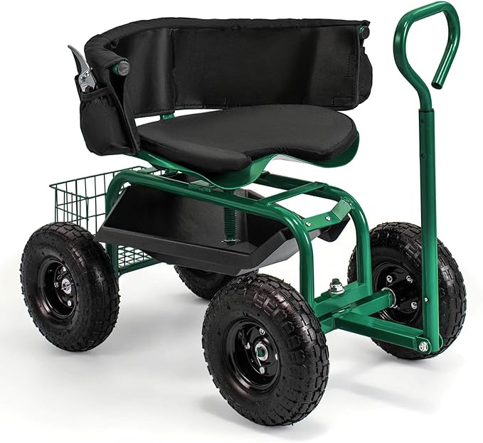 Rolling Garden Cart Swivel Gardening Seats with Seat &amp Tool Storage Green