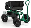 Rolling Garden Cart Swivel Gardening Seats with Seat &amp Tool Storage Green
