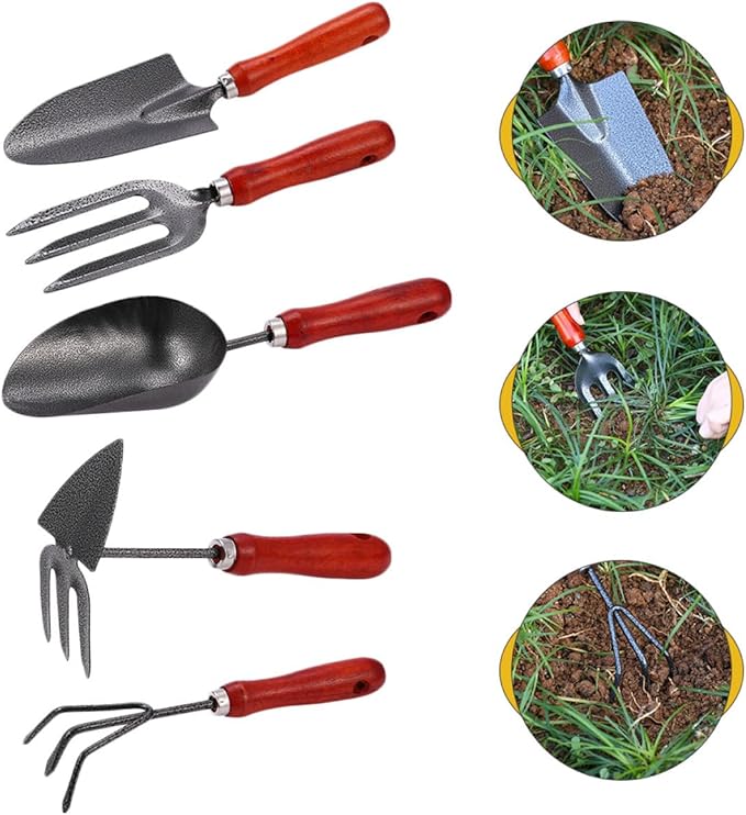 Homoyoyo Garden Shovel and Rake Set 5pcs Multipurpose Hand Tools for Flower Planting and Vegetable Gardening Sturdy Steel Construction with Ergonomic Handles for Soil Loosening
