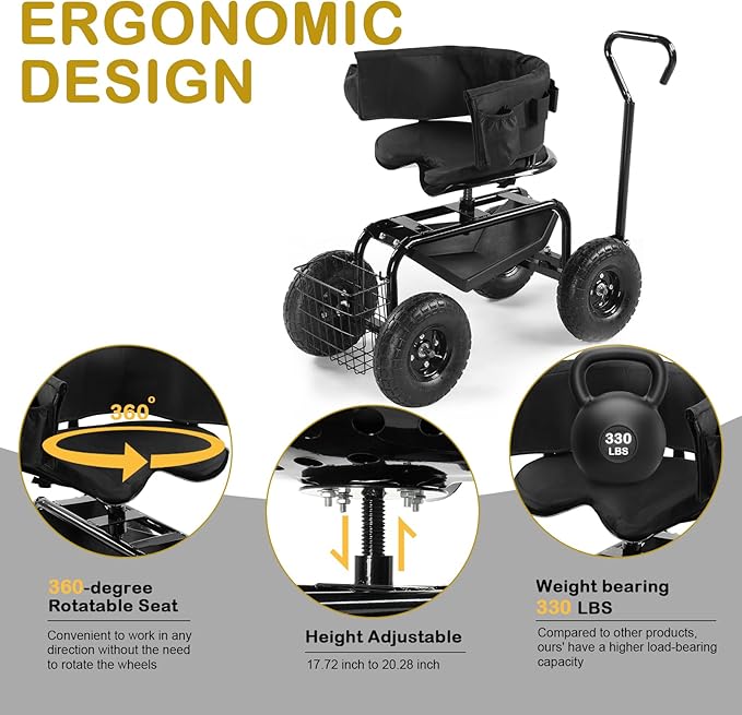 YUNWANG Rolling Garden Work Seat with Wheels - Gardening Stool for Planting 360 Degree Swivel Seat Garden Scooter with Steering Handle &amp Tool Tray Garden Chair for Outdoor Patio and Yard