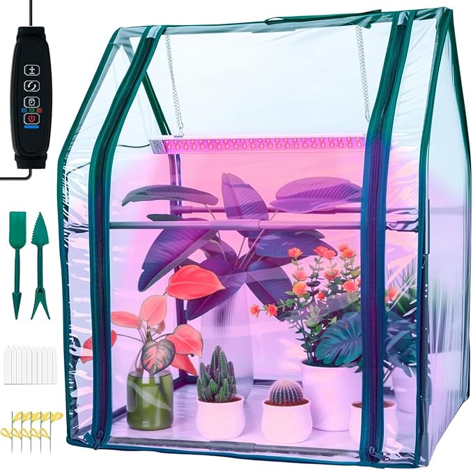 Mini Green House with Grow Light Mini Greenhouse Indoor 15W Full Spectrum Plant Lights &amp Timer for Seed Starter Tray Indoor Outdoor Plants 24x16x20