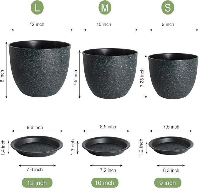 12/10/9 Large Modern Plant Pots Plastic Planters with Drainage Holes and Saucers for Indoor Outdoor Plants Flowers Black with Green Speckles