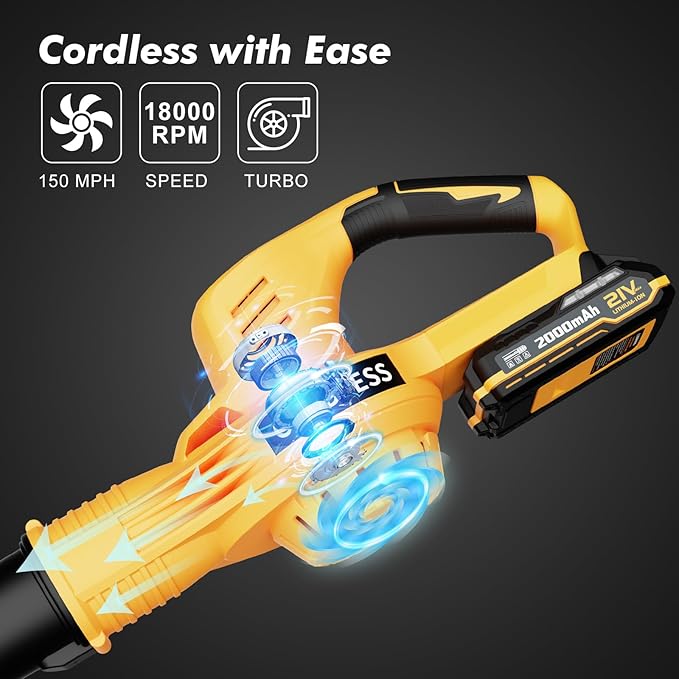 Leaf Blower Cordless with 2 Batteries and Charger 21V Electric Leaf Blower with 2 Speed Modes 2.0Ah Lightweight Battery Powered Blowers for Lawn Care Patio Blowing Leaves