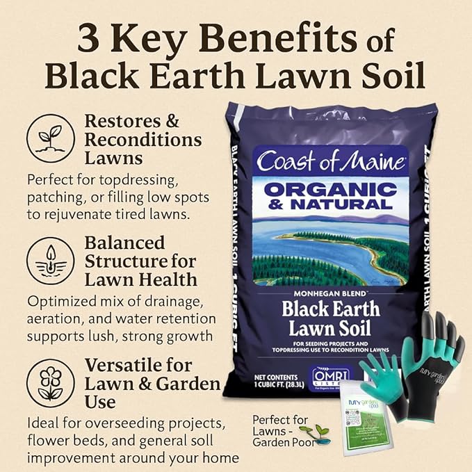 Coast of Maine MO1000 Monhegan Black Earth Lawn Soil 1 cf with My Garden Pool 7-in-1 Soil Test Strips 20 ct. and Claw Gardening Gloves