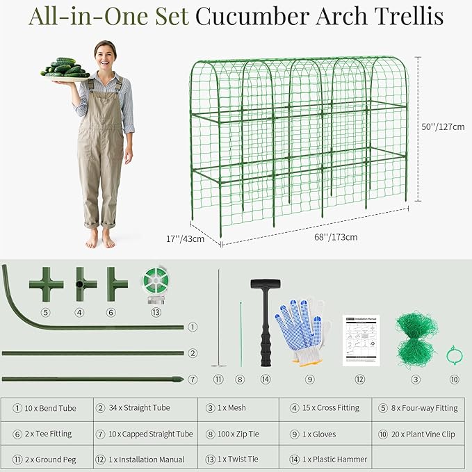 Housolution Cucumber Trellis for Raised Bed 67×48 U-Shape Garden Trellis for Climbing Plants Outdoors with 2×3m Net for Tomato Squash Zucchini Peas Beans Grape Fruit Flowers Green