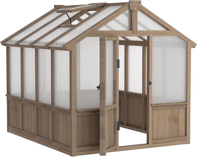 VEIKOU 6' x 8' Wooden Greenhouse for Outdoors with Cedar Frame 6MM Thick Polycarbonate Panel Green House with Adjustable Vent for Outside Garden Backyard Light Mocha Brown
