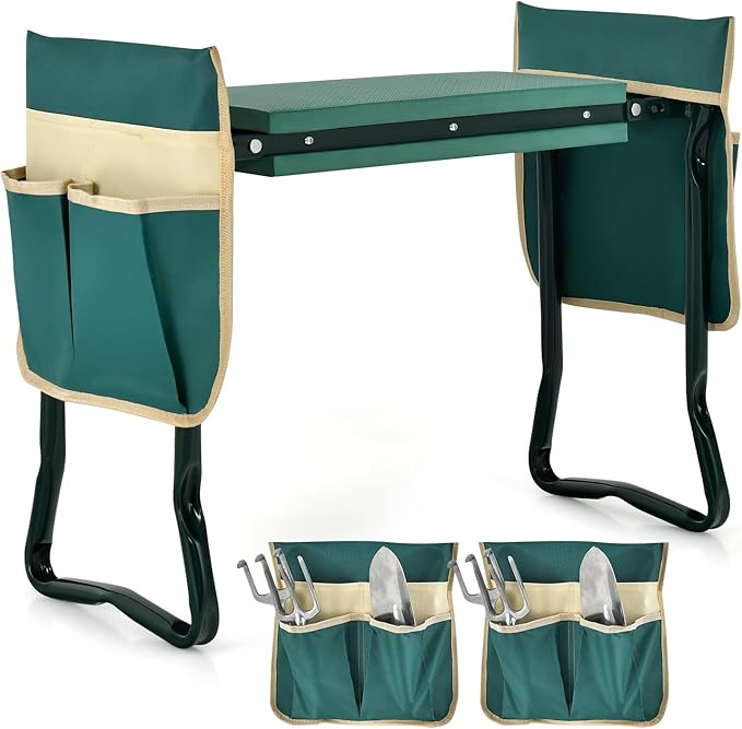 Giantex Garden Kneeler &amp Seat Folding Gardening Stool Portable Garden Bench with EVA Foam Pad Heavy-Duty Metal Frame Gardening Gift for Women Men Seniors (Holds 330 LBS) (with 2 Bags)