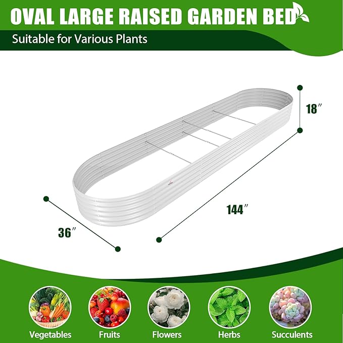 A ANLEOLIFE 12X3X1.5 ft Galvanized Raised Garden Beds Outdoor Oval Extra Large Metal Planter Box for Planting Vegetables Flowers Herb Anti-Rust &amp Easy-Setup Antique White