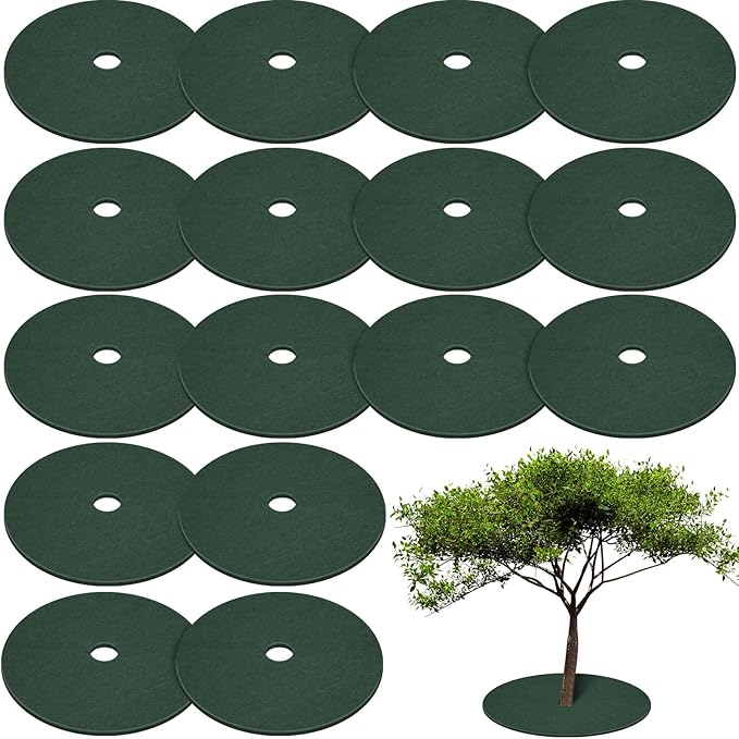 Shimeyao 16 Pcs 32. 2 Inch Non Woven Tree Mulch Ring Round Tree Weed Barrier Mat Reusable Landscape Protector Base Barrier Fabric for Weed Root Protection (Green)