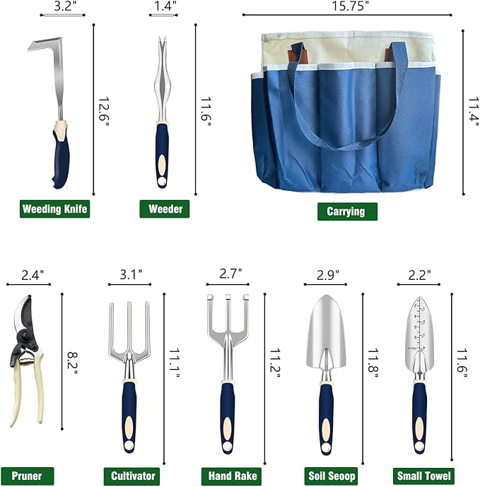 Garden Tool Set 9-Piece Heavy-Duty Gardening Tool Set with Stylish Tool Bag Multiple Storage Pockets Durable Garden and Weeding Tools for Men and Women for Gardening Enthusiasts