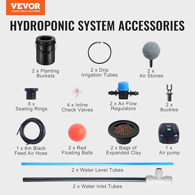 VEVOR DWC Hydroponics Grow System Hydroponic Growing System with Top Drip Kit Deep Water Culture 5-Gallon 2 Buckets with Air Pump Air Stones and Water Level Device for Leafy Vegetables