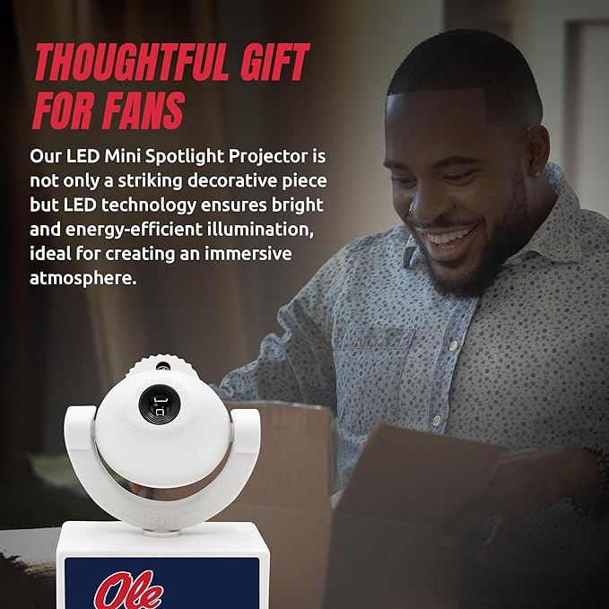 Sporticulture NCAA American Football Mississippi Ole Miss - Adjustable Led Mini Spotlight Projector with 6 Team Logo Designs - Portable &amp Rechargeable Spotlight - Battery-Operated - 4.375” x 3.125