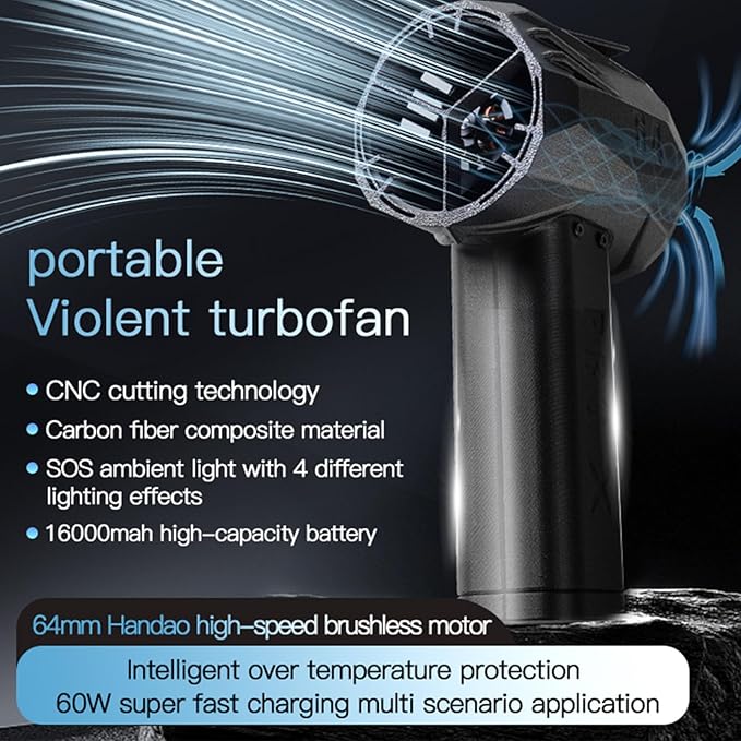 Pro X64 Car Violent Blower 750W Je t Mini Turbo Fan 1500g Thrust 350km / h Wind Speed 64mm Violent Turbo Fan with SOS Light 16000Mah Cordless Leaf Blower for Lawn Snow Blower
